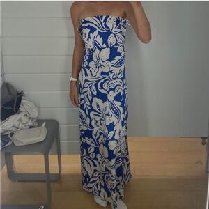 Blue and White Strapless Maxi Dress